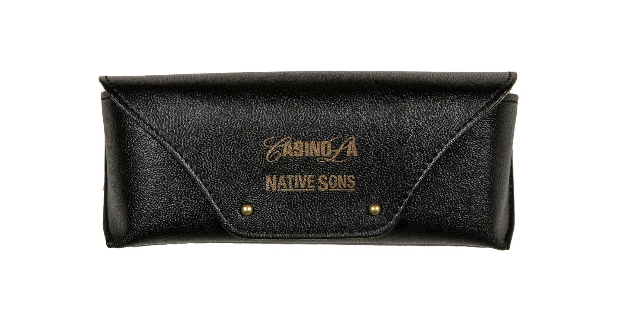 The Native Sons x Casinola "The E's" is a black leather eyeglasses case with gold Casino LA and Native Sons text on the front, secured by two brass snap buttons.