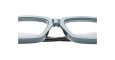 Close-up of the bridge and lenses of Kuboraum P25 teal rectangular eyeglass frames, highlighting their glossy finish and clear prescription lenses against a white background.