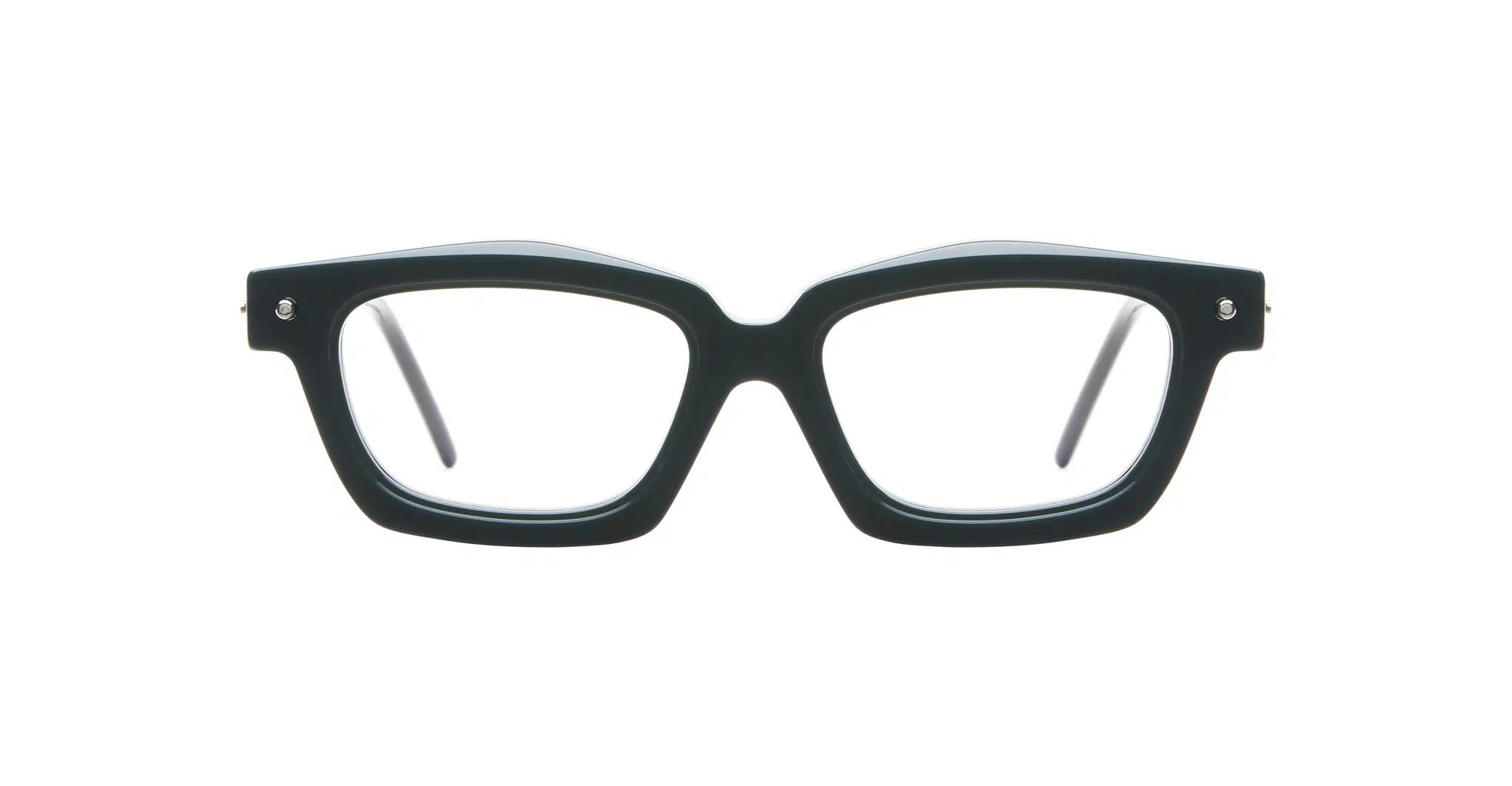 Front view of Kuboraum P25 black rectangular eyeglasses with thick frames and clear lenses, displayed on a white background.