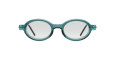 Round eyeglasses with teal translucent frames and clear lenses, shown against a white background. The arms of the glasses are thin and black.