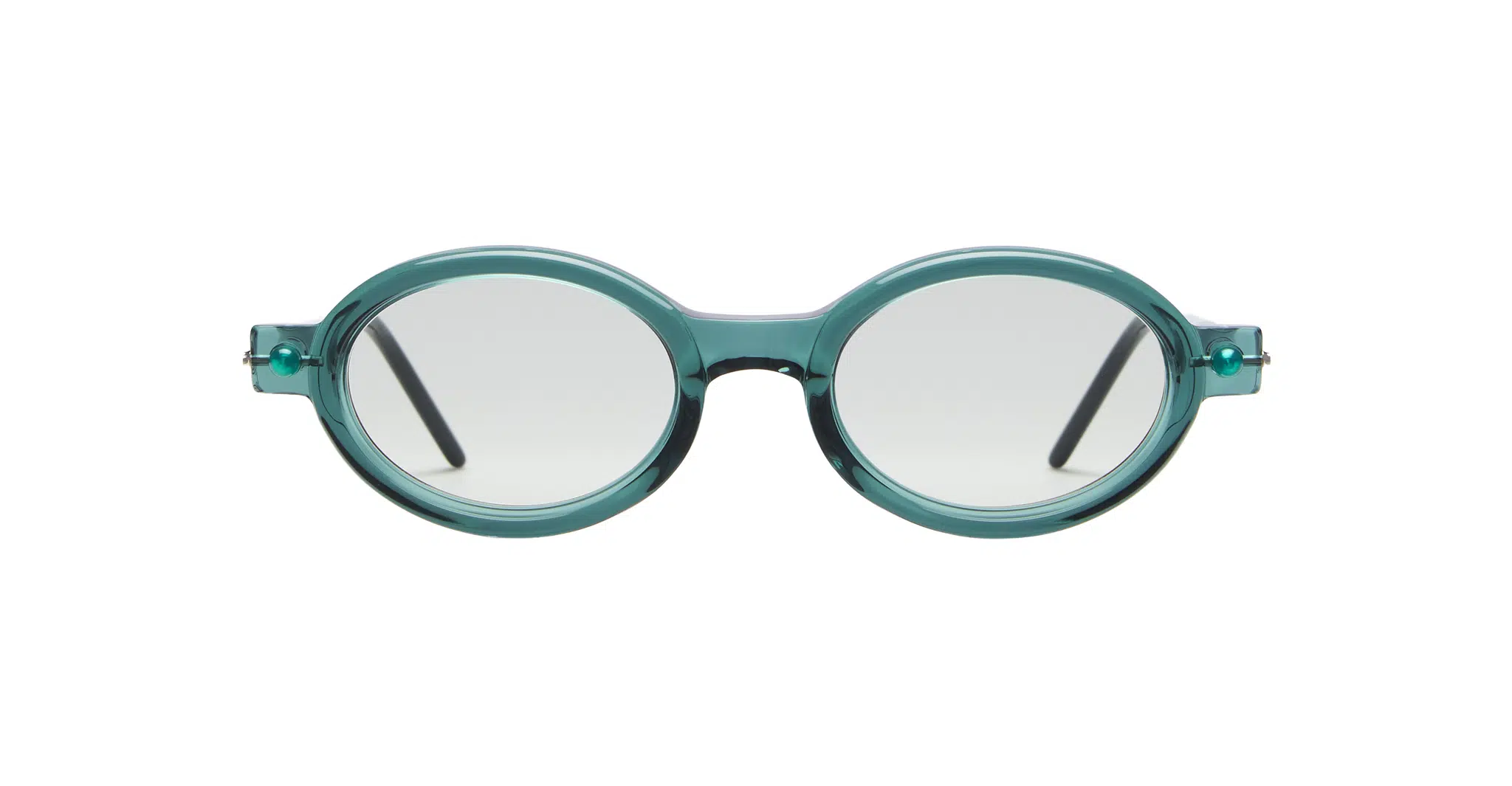 Round eyeglasses with teal translucent frames and clear lenses, shown against a white background. The arms of the glasses are thin and black.