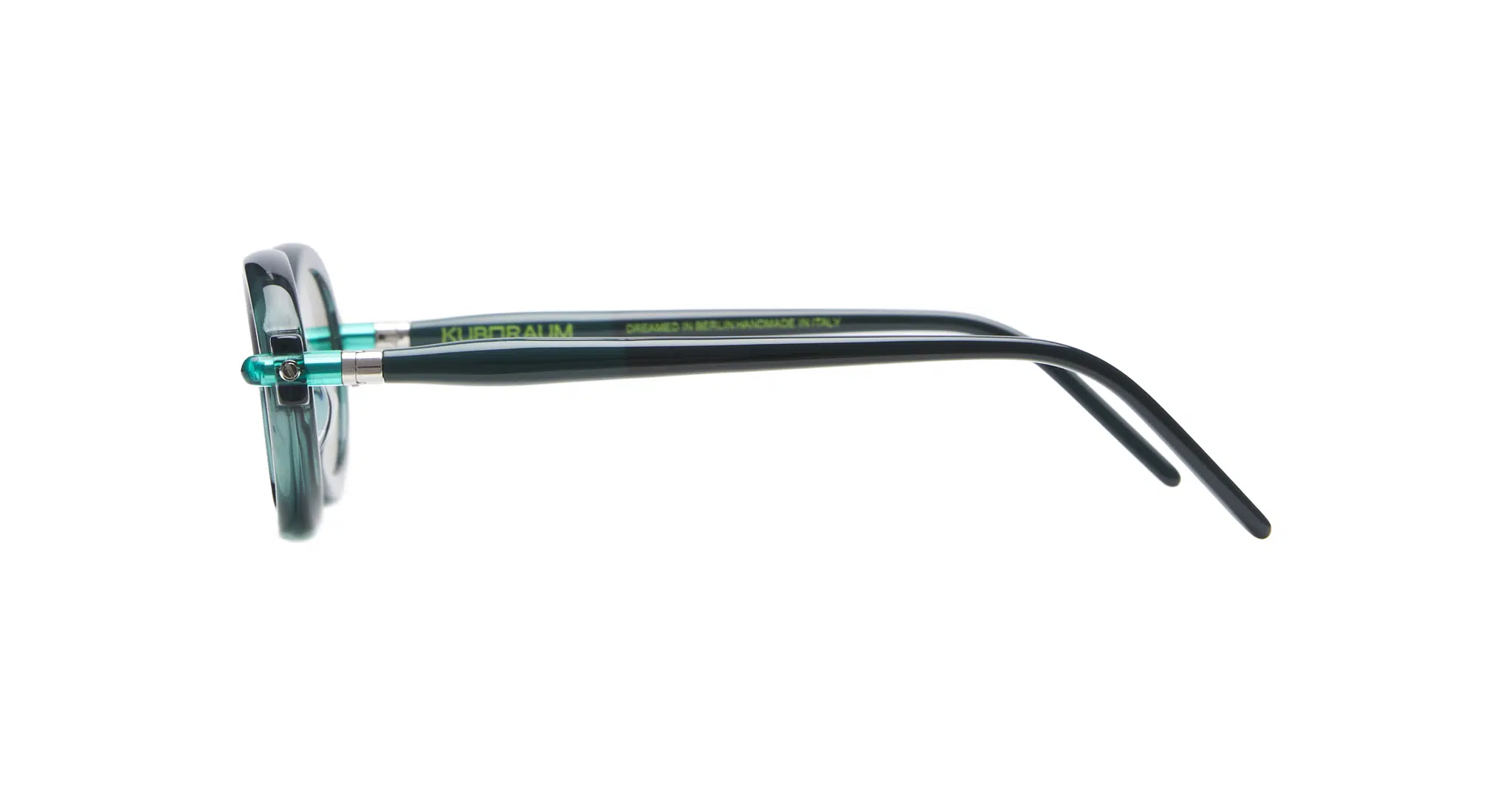 Side view of a pair of stylish eyeglasses with round green frames and black temples. The temple arm features the brand name KUBORAUM and additional printed details in green. The background is white.