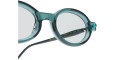Close-up of a pair of round, teal-colored eyeglasses with transparent lenses and black temples, set against a white background.