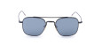 Front view of Thom Browne Sunglasses featuring square, blue-tinted lenses and a thin black metal frame. The slim temples curve slightly at the ends, complemented by a double bridge above the nose pads.