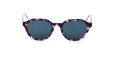 Sunglasses with round dark lenses and a thick, multicolored frame featuring a red, white, and blue tortoiseshell pattern.
