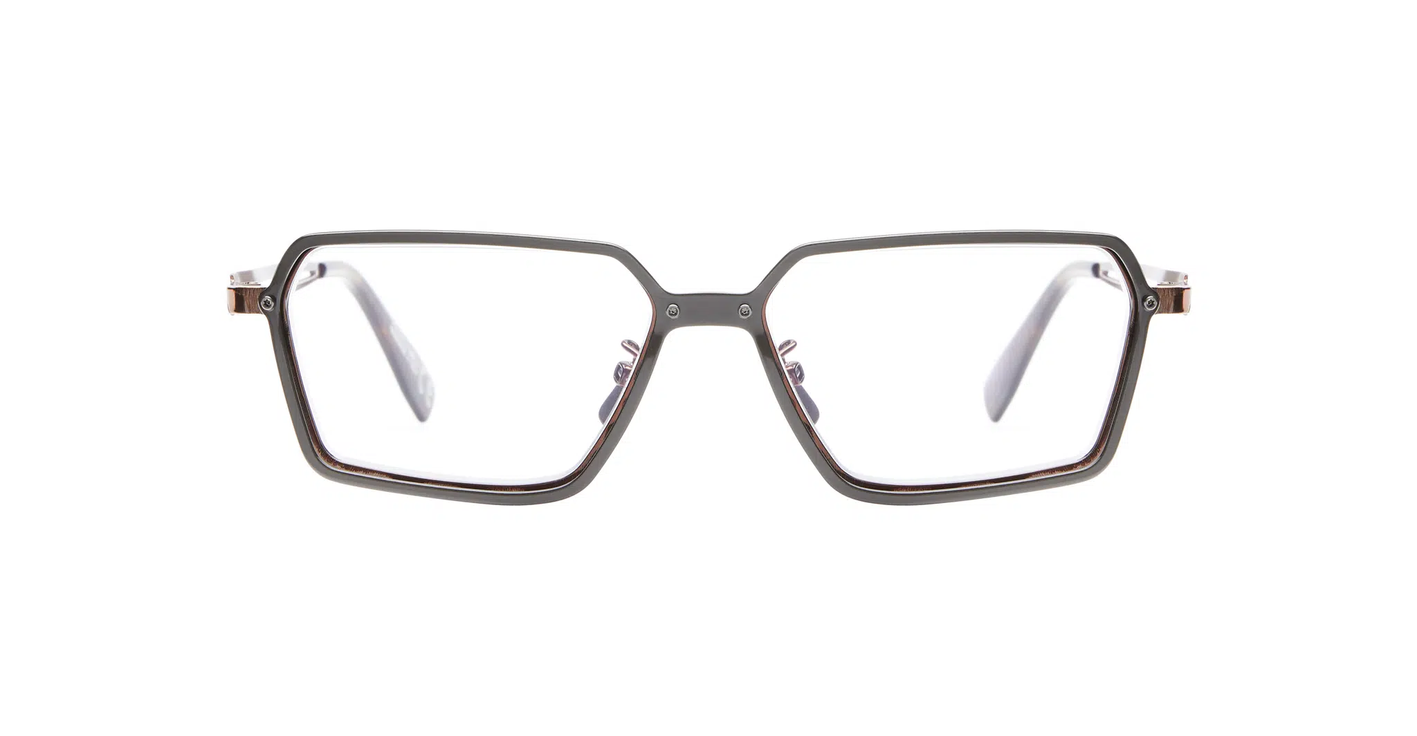 Kuboraum-H15-BZ-Gun-Metal-Optical-KROH15BZ000000OP-Front-Dan-Deutsch The Kuboraum H15 features rectangular eyeglasses with a dark, thin metal frame and clear lenses, displayed from the front against a plain white background.