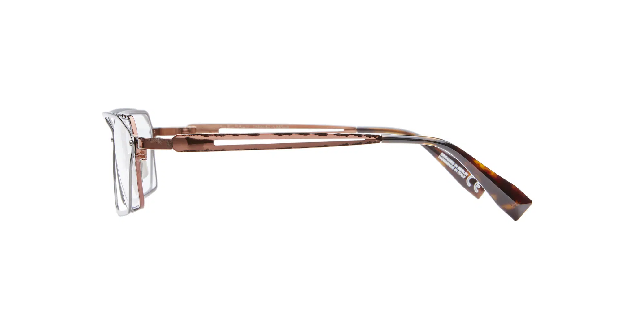 Kuboraum-H15-BZ-Gun-Metal-Optical-KROH15BZ000000OP-Side-Dan-Deutsch Side view of Kuboraum H15 eyeglasses featuring clear rectangular frames, pinkish-brown textured arms, and tortoiseshell-patterned tips, set against a white background.