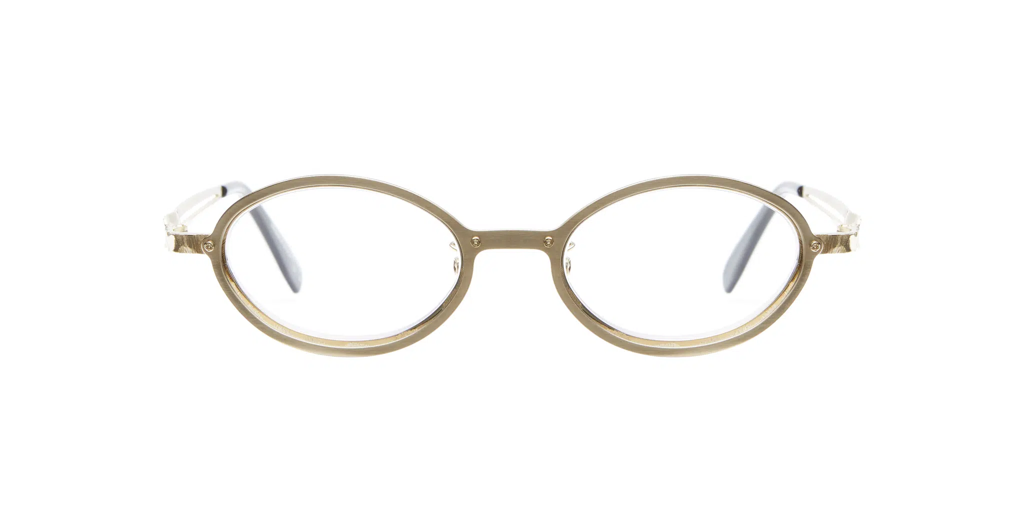 Kuboraum-H18-GD-Gold-Optical-KROH18GD000000OP-Front-Dan-Deutsch The Kuboraum H18 is a pair of round, light brown eyeglasses with clear lenses, displayed front-facing on a white background.
