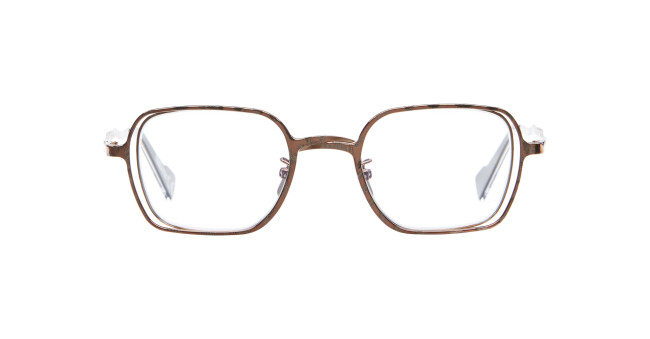 The Kuboraum H22 eyeglasses feature brown, rectangular metal frames with clear lenses, displayed front-facing on a white background.