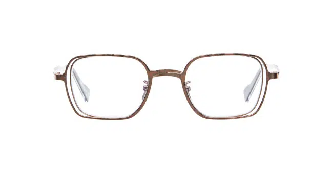 The Kuboraum H22 eyeglasses feature brown, rectangular metal frames with clear lenses, displayed front-facing on a white background.