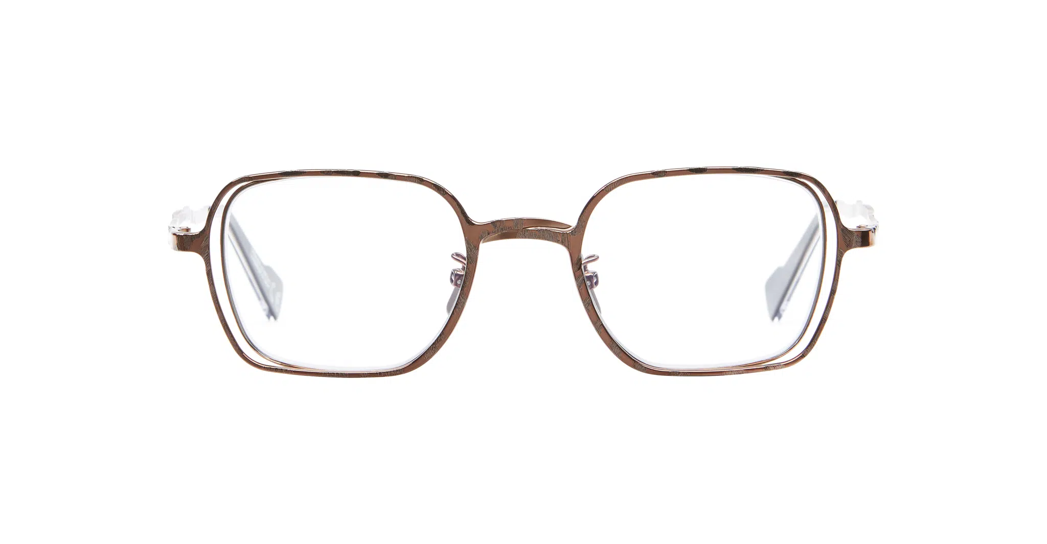 Kuboraum-H22-BZ-Bronze-Optical-KROH22BZ000000OP-Front-Dan-Deutsch The Kuboraum H22 eyeglasses feature brown, rectangular metal frames with clear lenses, displayed front-facing on a white background.