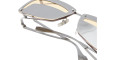 Close-up of Kuboraum I50 eyeglasses with a unique angular metal frame and light brown lenses, highlighting the intricate hinge and side details against a white background.