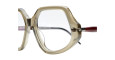 Close-up of Kuboraum P20 oversized eyeglass frames featuring geometric design, transparent beige rims, and red temples against a white background.