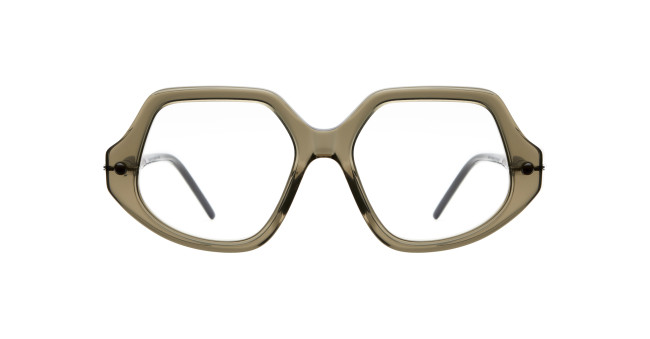 Front view of Kuboraum P20 eyeglasses featuring large, geometric light brown frames with clear lenses and slightly angled black arms, displayed on a white background.