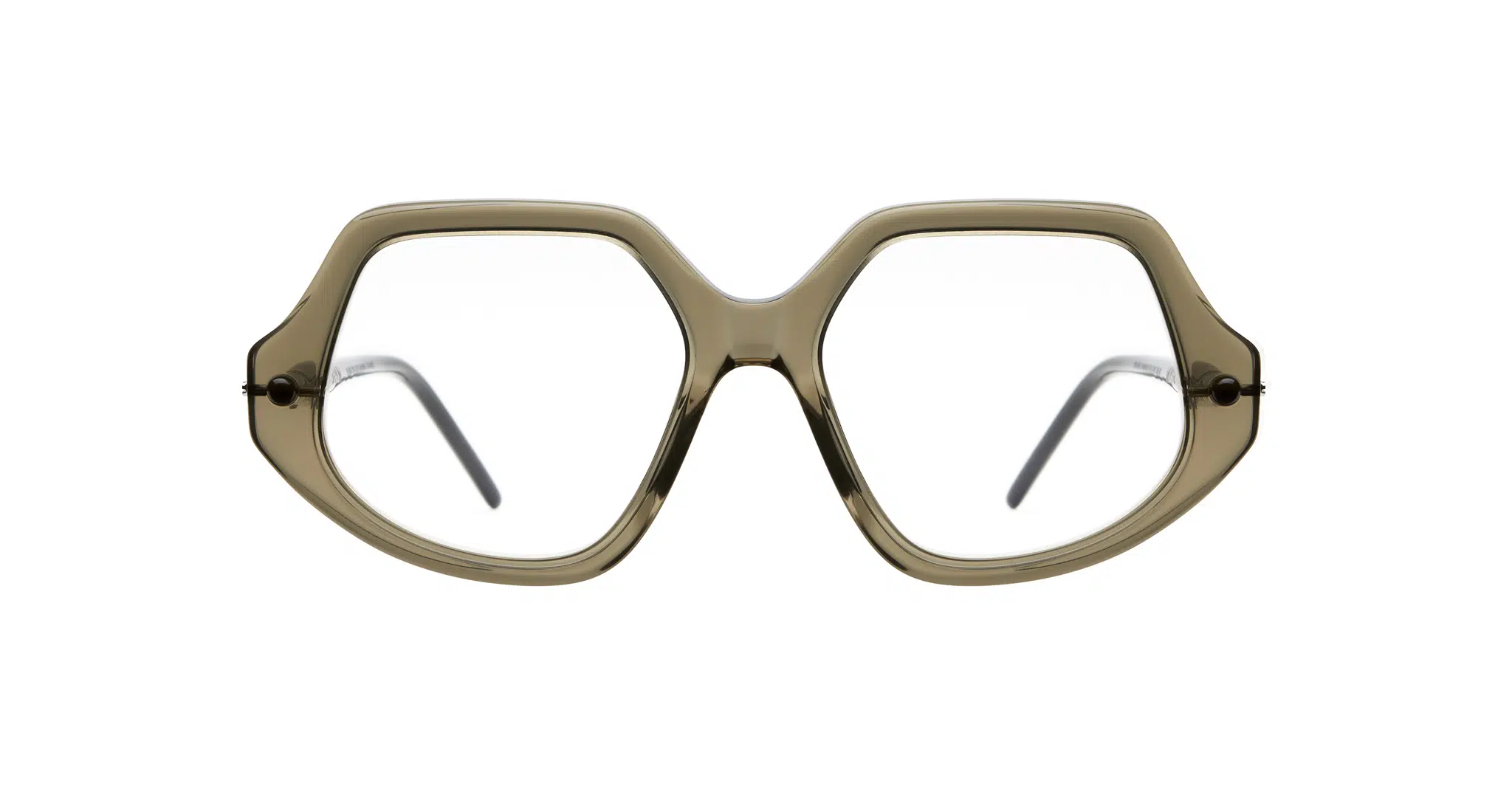 Kuboraum-P20-OL-Olive-KROP20OL000000OP-Front-Dan-Deutsch Front view of Kuboraum P20 eyeglasses featuring large, geometric light brown frames with clear lenses and slightly angled black arms, displayed on a white background.