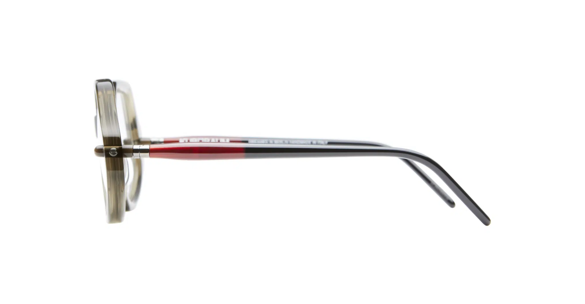 Kuboraum-P20-OL-Olive-KROP20OL000000OP-Side-Dan-Deutsch Side view of Kuboraum P20 eyeglasses with transparent frames and multicolored arms in beige, red, and black, shown against a plain white background.