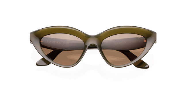 Olive green Lapima Camila cat-eye sunglasses with thick frames and brown-tinted lenses are shown on a white background. The Lapima brand name is subtly marked on the inside of one arm.