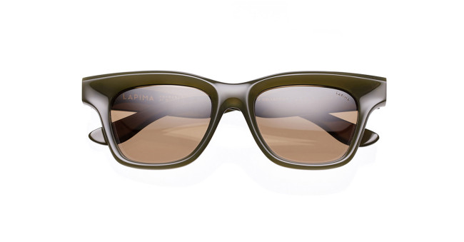 Olive green rectangular Lapima Leo X sunglasses with thick frames and brown-tinted lenses, photographed on a white background. The Lapima logo appears subtly on the inside of the left lens.