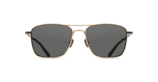 The Matsuda M3135 sunglasses feature dark rectangular lenses and a thin gold metal frame, displayed from the front against a white background.