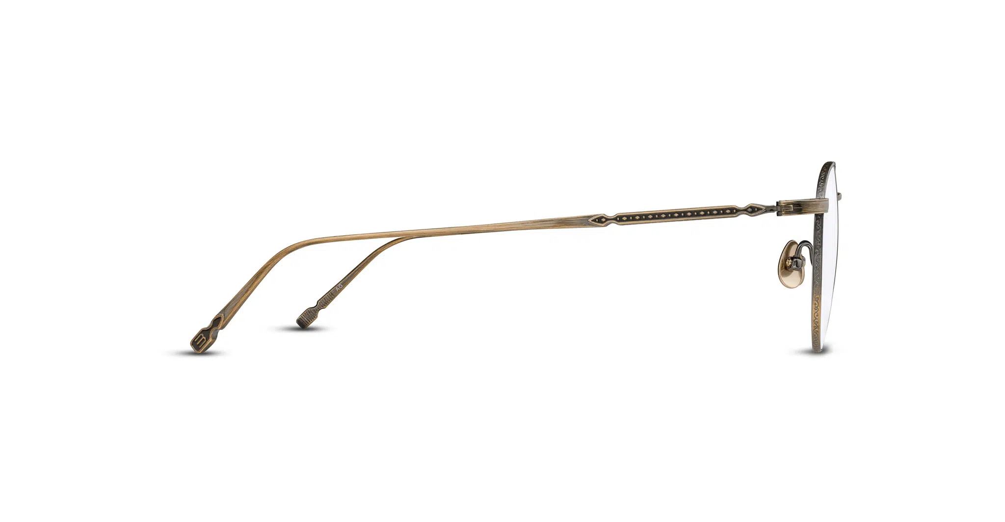 Side view of Matsuda M3140 vintage-style eyeglasses featuring thin gold-toned metal frames, intricate temple detailing, and adjustable nose pads.