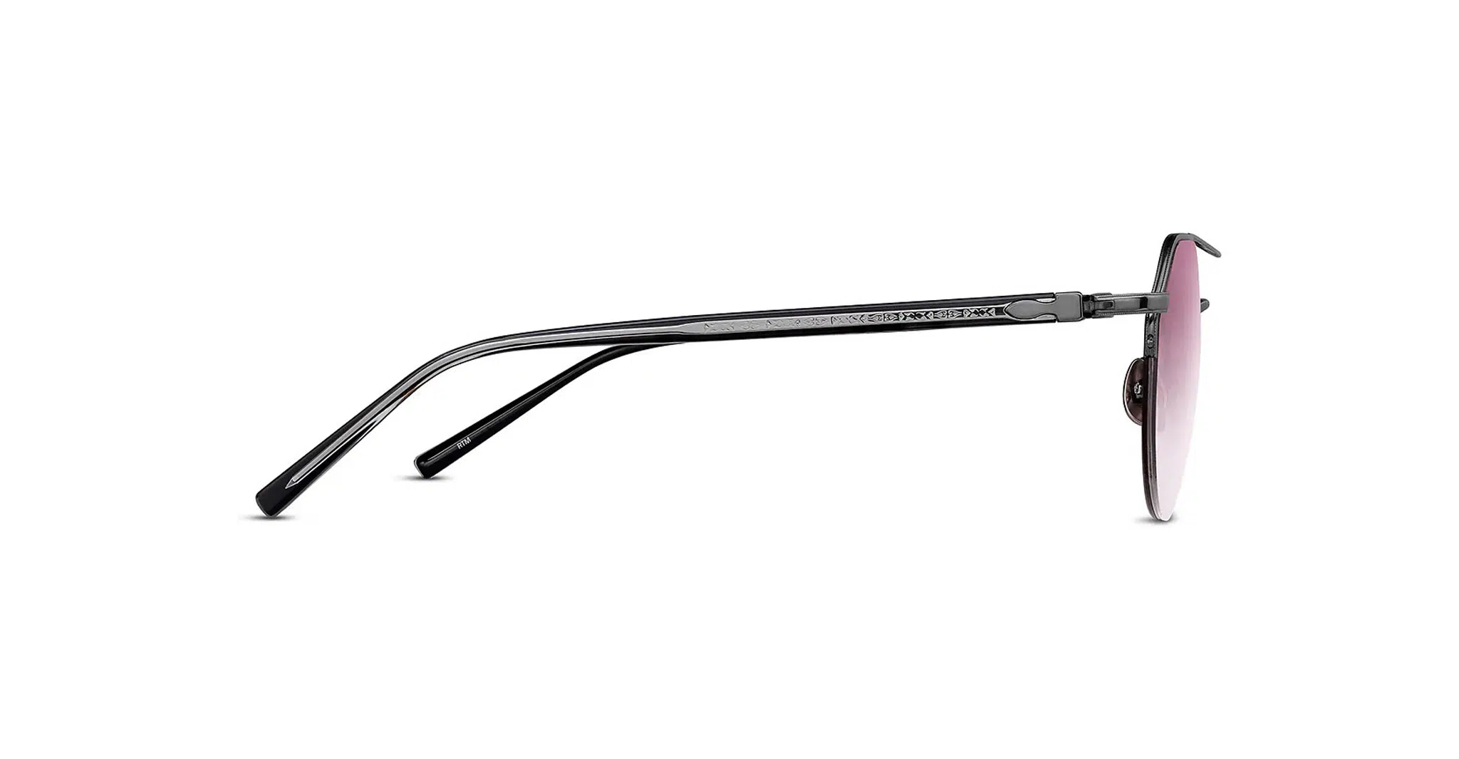 Side view of Matsuda M3140 (Copy) sunglasses with thin black metal frames and pink-tinted lenses; left arm extended outward on a white background.