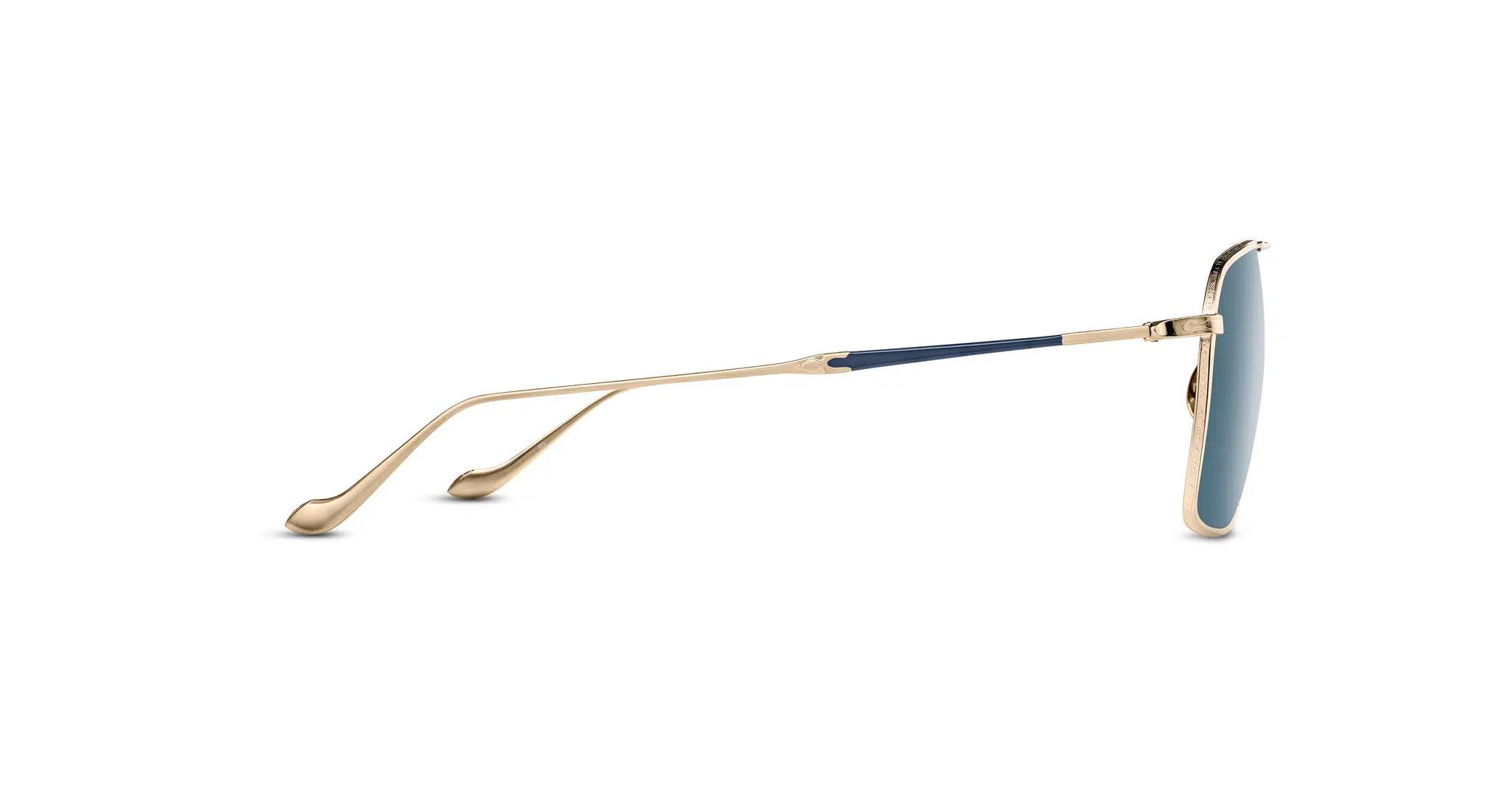 Side view of Matsuda M3146 sunglasses featuring blue-tinted lenses, thin gold metal frames, and slightly curved temples with blue accents near the hinges.