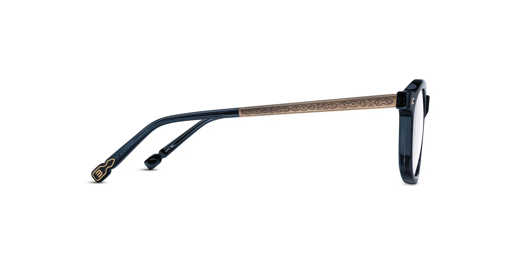 Side view of Matsuda M2068 eyeglasses featuring dark blue frames, gold-toned metal arms with intricate engraving, and a small gold temple tip detail.